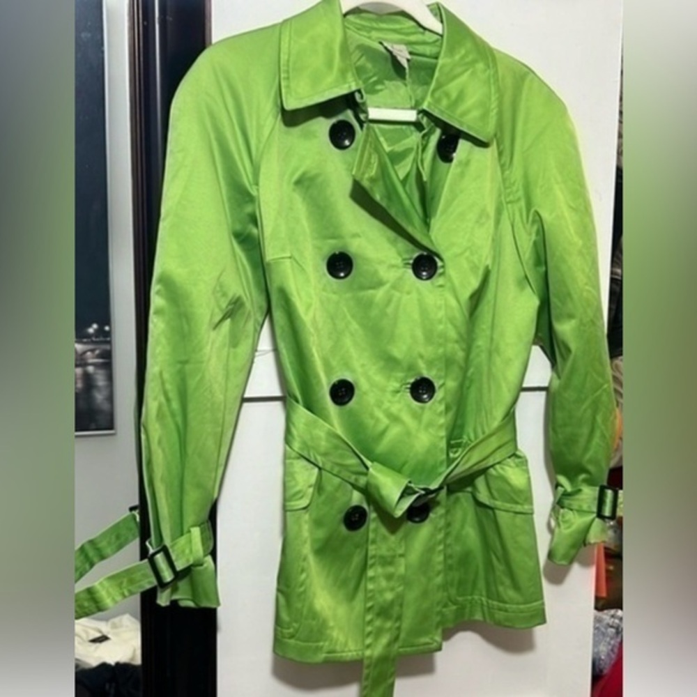 YVOS Trench Coat Jacket Womens Size Small Metallic Green